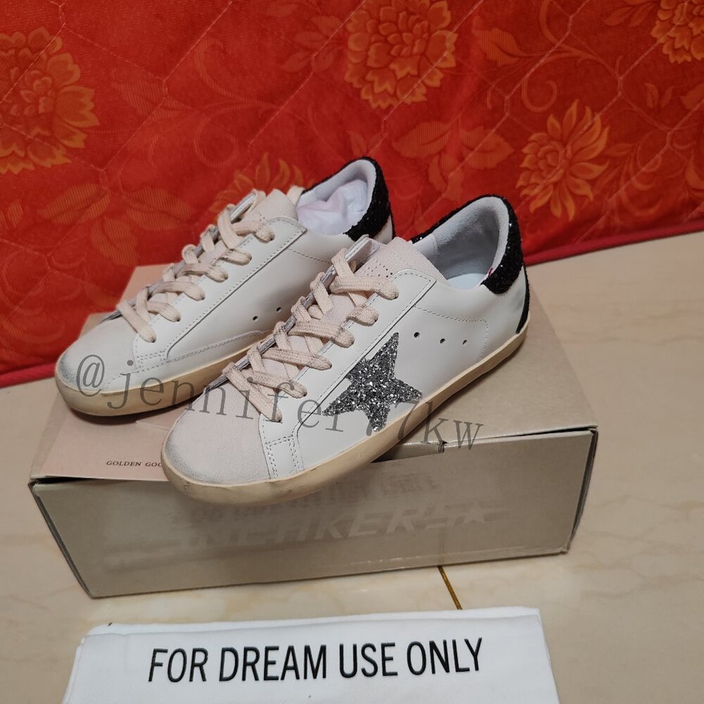 Golden Goose White and Black Glitter Star Sneakers